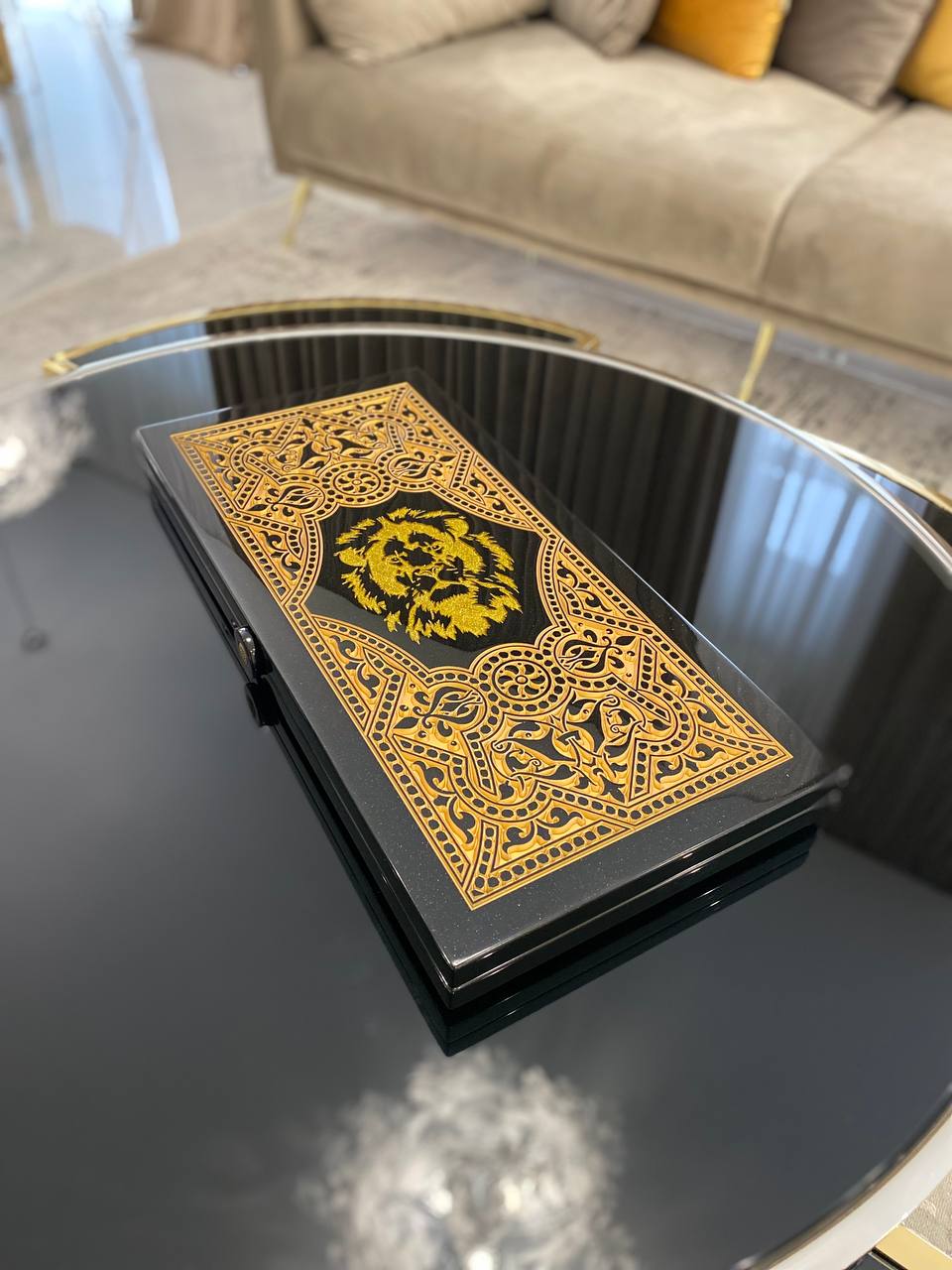 Regal Acrylic Stone Backgammon Set "Golden Lion" – Luxury Carved Game with Free Worldwide Shipping