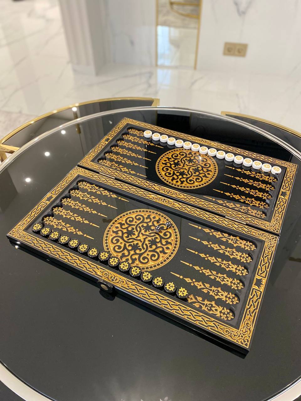 Regal Acrylic Stone Backgammon Set "Golden Lion" – Luxury Carved Game with Free Worldwide Shipping