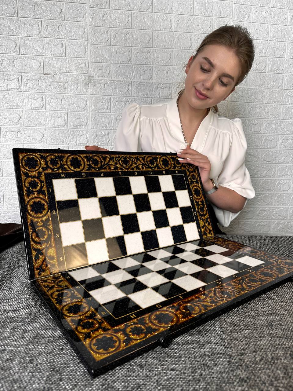 Luxury black acrylic stone chess set, stone chess board, marble chess board, chess set, gift for artist