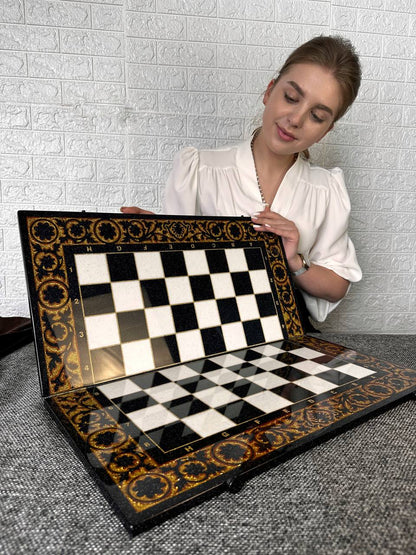 Luxury black acrylic stone chess set, stone chess board, marble chess board, chess set, gift for artist