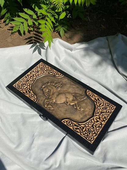 Black acrylic stone backgammon "Golden Horse", customized backgammon, backgammon board, corporate gift, game board, marble game board Gift-ready