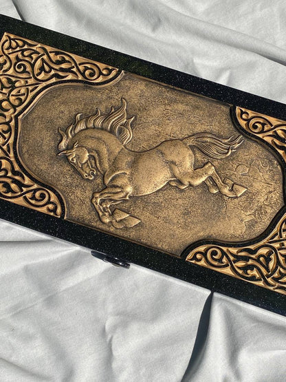 Black acrylic stone backgammon "Golden Horse", customized backgammon, backgammon board, corporate gift, game board, marble game board Gift-ready