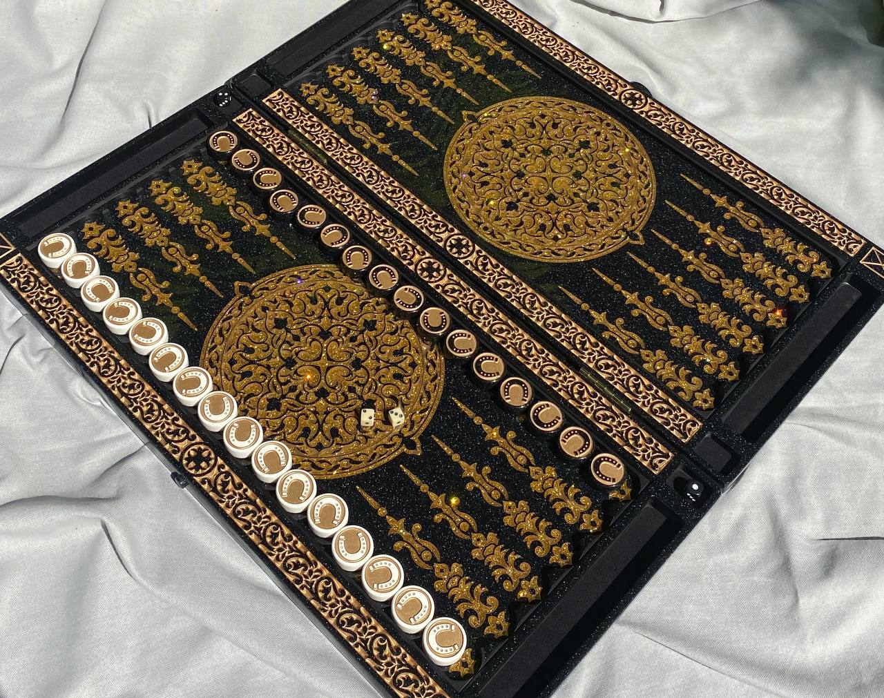 Black acrylic stone backgammon "Golden Horse", customized backgammon, backgammon board, corporate gift, game board, marble game board Gift-ready