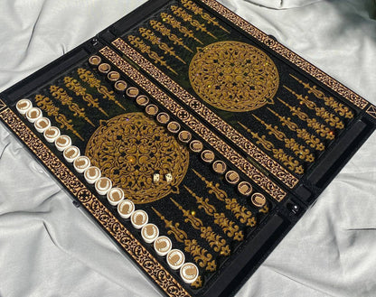 Black acrylic stone backgammon "Golden Horse", customized backgammon, backgammon board, corporate gift, game board, marble game board Gift-ready