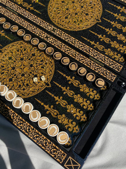 Black acrylic stone backgammon "Golden Horse", customized backgammon, backgammon board, corporate gift, game board, marble game board Gift-ready