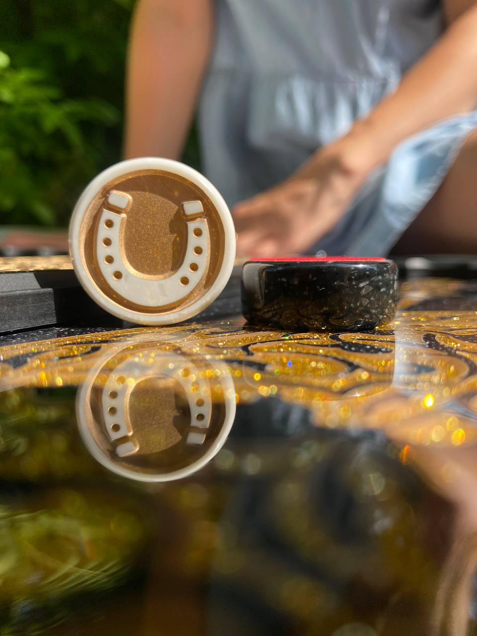 Black acrylic stone backgammon "Golden Horse", customized backgammon, backgammon board, corporate gift, game board, marble game board Gift-ready