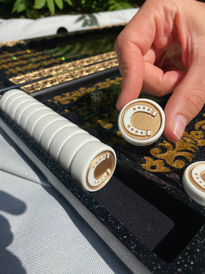 Black acrylic stone backgammon "Golden Horse", customized backgammon, backgammon board, corporate gift, game board, marble game board Gift-ready