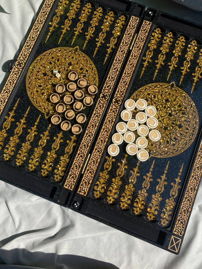 Black acrylic stone backgammon "Golden Horse", customized backgammon, backgammon board, corporate gift, game board, marble game board Gift-ready