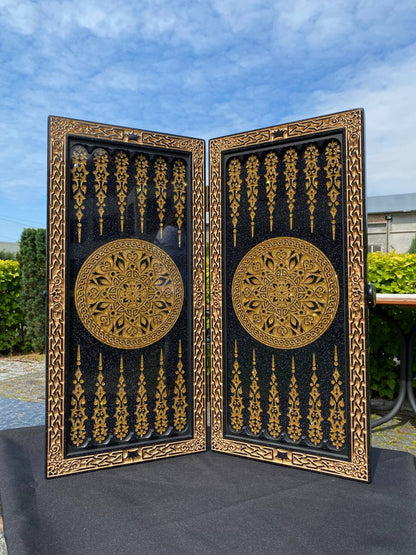 Regal Acrylic Stone Backgammon Set "Golden Lion" – Luxury Carved Game with Free Worldwide Shipping
