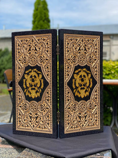 Regal Acrylic Stone Backgammon Set "Golden Lion" – Luxury Carved Game with Free Worldwide Shipping
