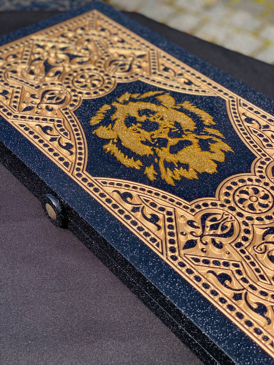 Regal Acrylic Stone Backgammon Set "Golden Lion" – Luxury Carved Game with Free Worldwide Shipping
