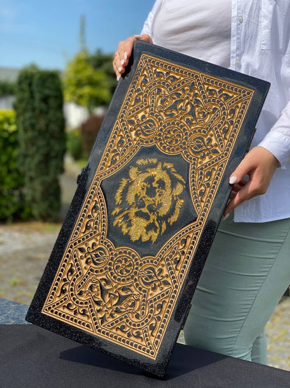 Regal Acrylic Stone Backgammon Set "Golden Lion" – Luxury Carved Game with Free Worldwide Shipping