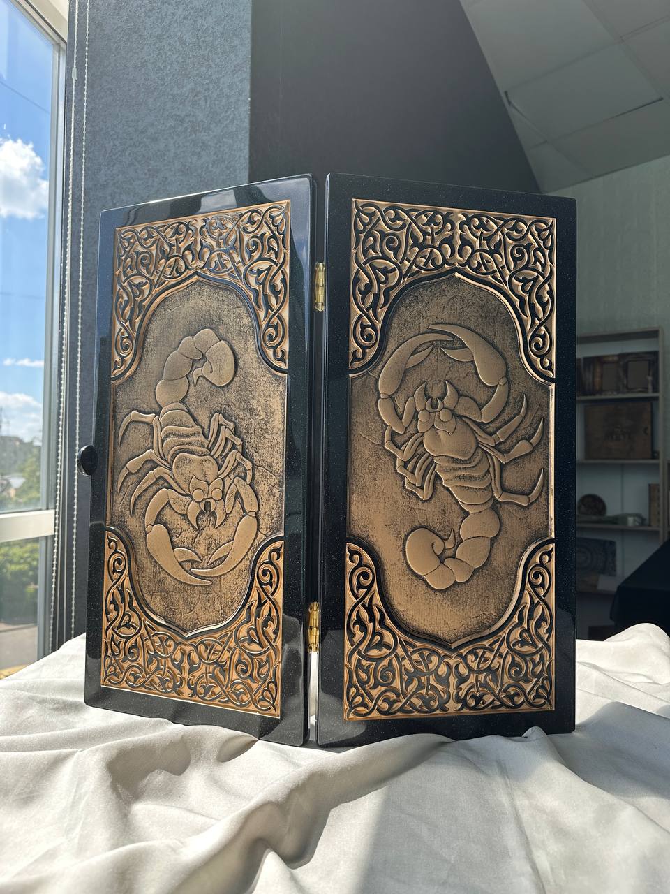 Luxury black acrylic stone backgammon "Golden Scorpion" 58×28cm | Gift-ready Free Worldwide Shipping