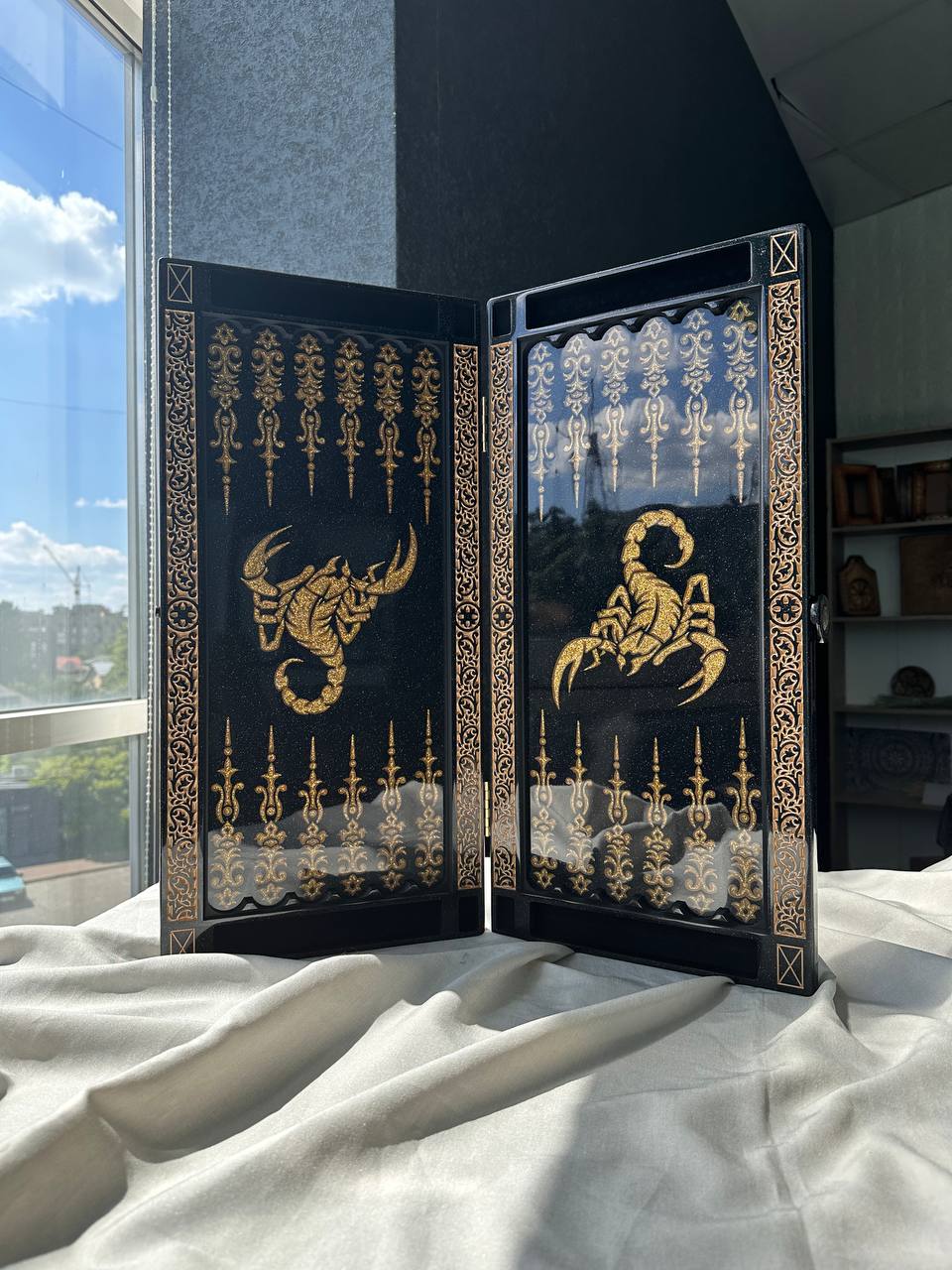 Luxury black acrylic stone backgammon "Golden Scorpion" 58×28cm | Gift-ready Free Worldwide Shipping