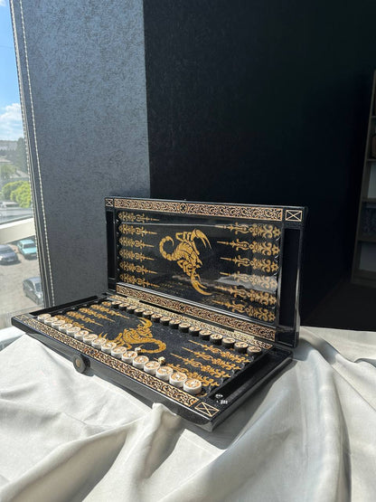 Luxury black acrylic stone backgammon "Golden Scorpion" 58×28cm | Gift-ready Free Worldwide Shipping