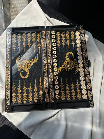 Luxury black acrylic stone backgammon "Golden Scorpion" 58×28cm | Gift-ready Free Worldwide Shipping