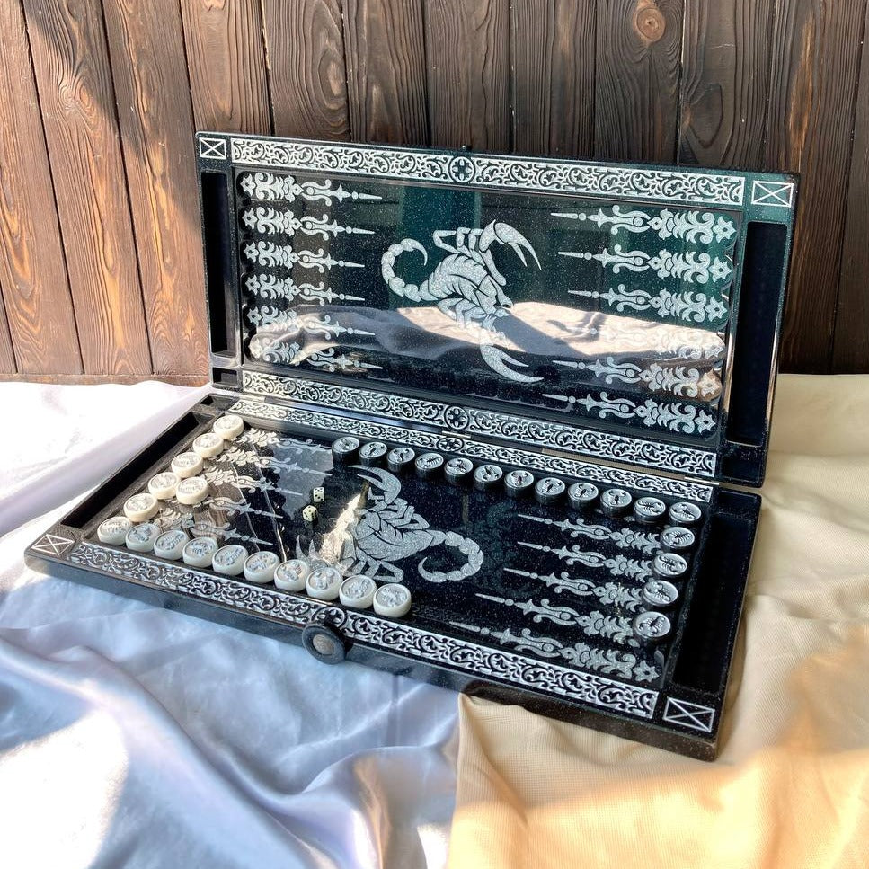 Luxury Black Acrylic Stone Backgammon “Scorpion” – 58×28 cm | Art. 190640