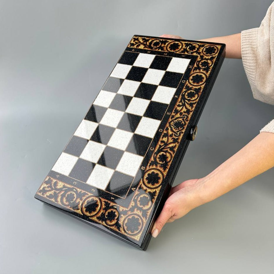 Luxury black acrylic stone chess set, stone chess board, marble chess board, chess set, gift for artist