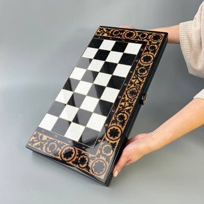 Luxury black acrylic stone chess set, stone chess board, marble chess board, chess set, gift for artist