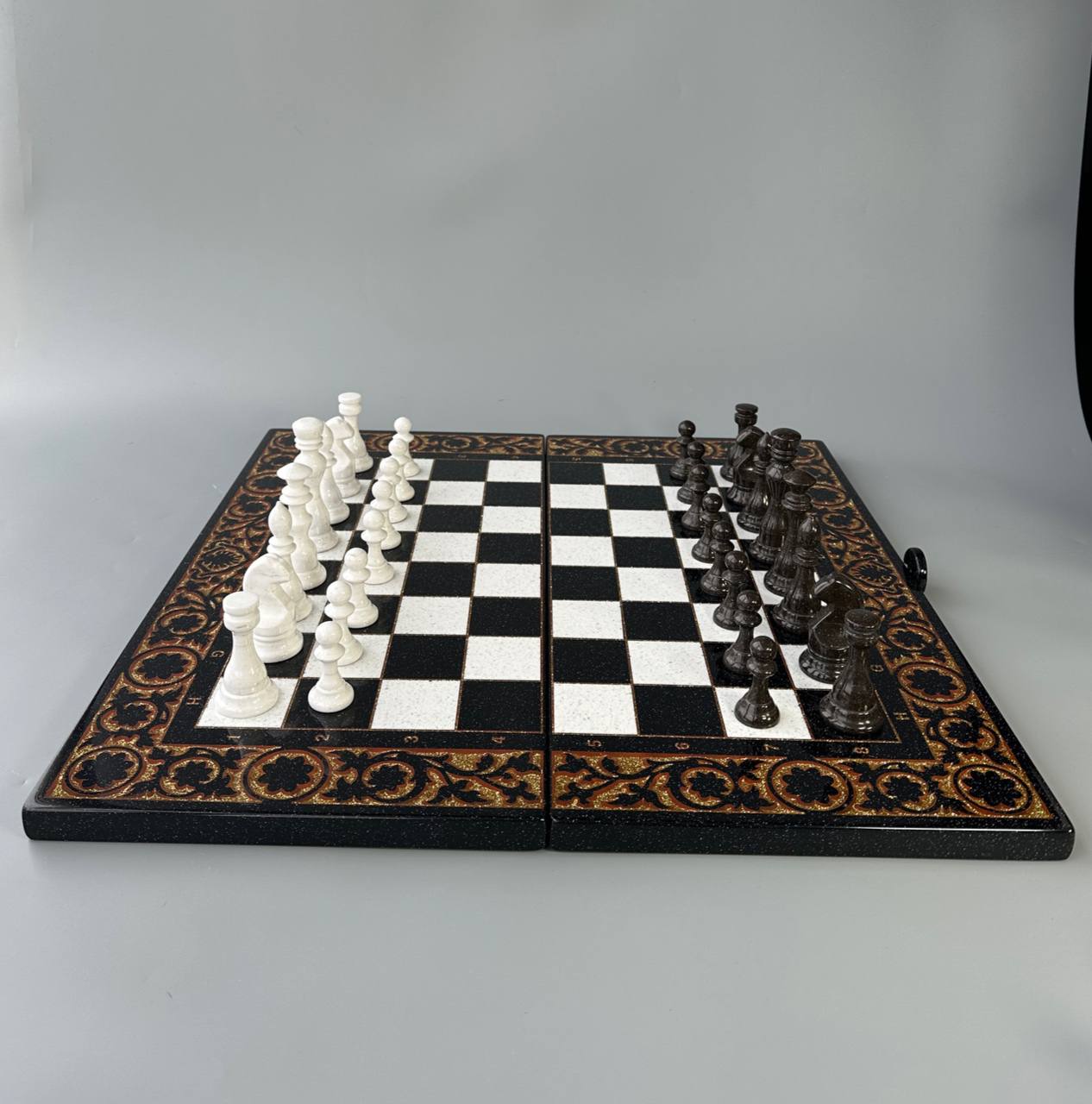 Luxuriöses schwarzes Schachspiel aus Acrylstein, Schachbrett aus Stein, Schachbrett aus Marmor, Schachspiel, Geschenk für Künstler