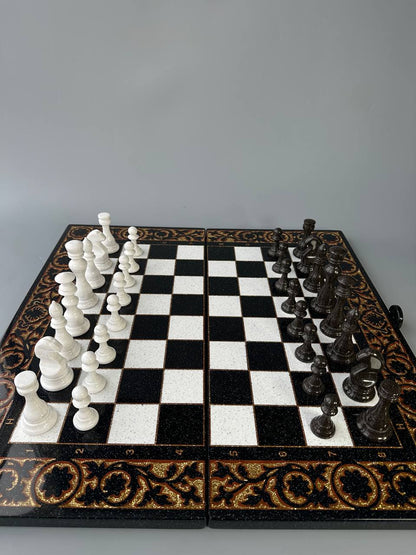 Luxury black acrylic stone chess set, stone chess board, marble chess board, chess set, gift for artist