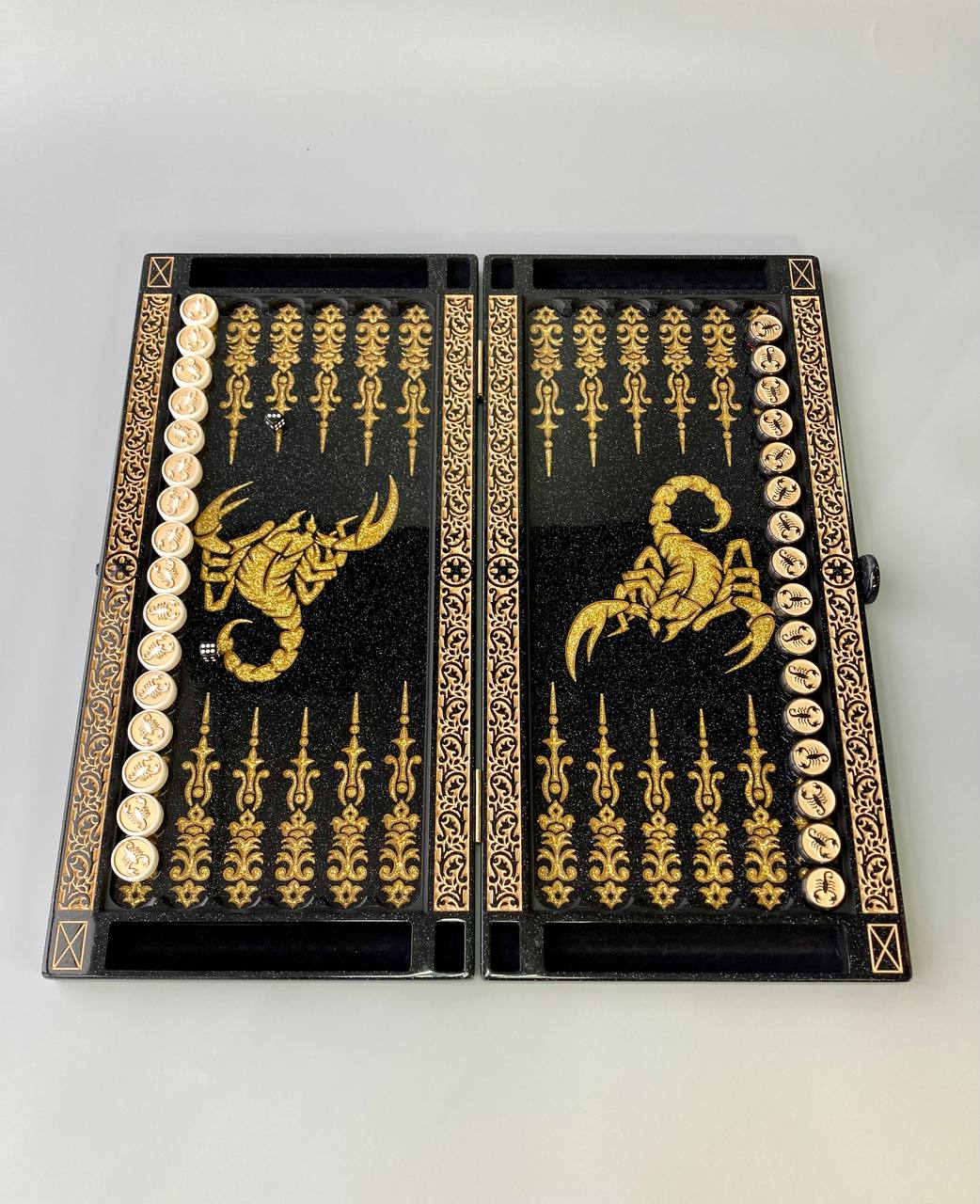 Luxury black acrylic stone backgammon "Golden Scorpion" 58×28cm | Gift-ready Free Worldwide Shipping