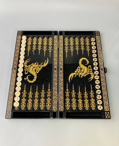 Luxury black acrylic stone backgammon "Golden Scorpion" 58×28cm | Gift-ready Free Worldwide Shipping