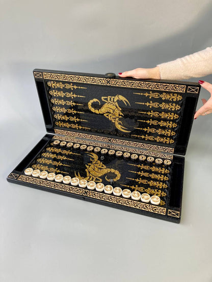 Luxury black acrylic stone backgammon "Golden Scorpion" 58×28cm | Gift-ready Free Worldwide Shipping