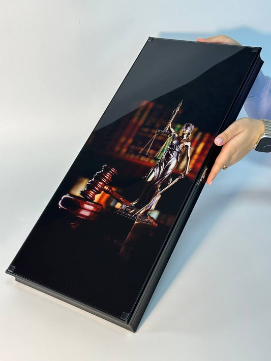 Ensemble de backgammon en verre Femida – Le cadeau idéal pour les avocats, prêt à offrir.