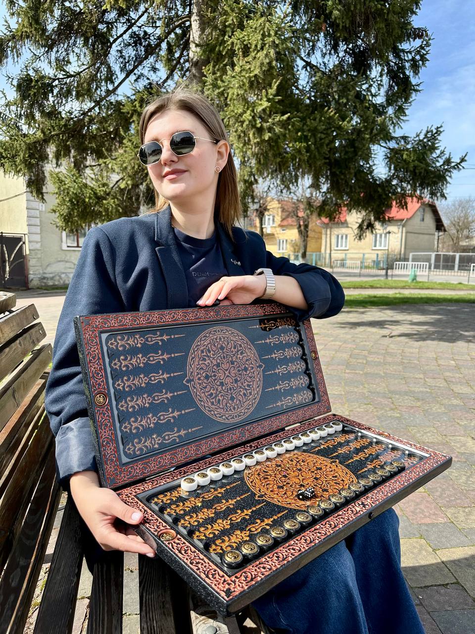 Luxury black acrylic stone backgammon, carved "Carved Gold Lion" on top, Gift-ready