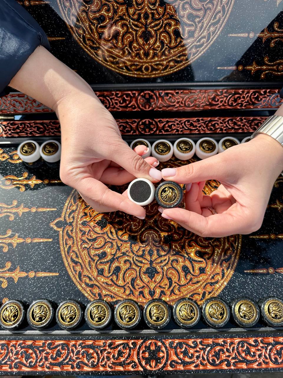 Luxury black acrylic stone backgammon, carved "Carved Gold Lion" on top, Gift-ready