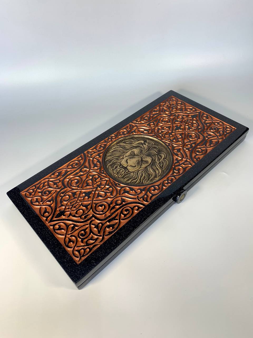 Luxury black acrylic stone backgammon, carved "Carved Gold Lion" on top, Gift-ready