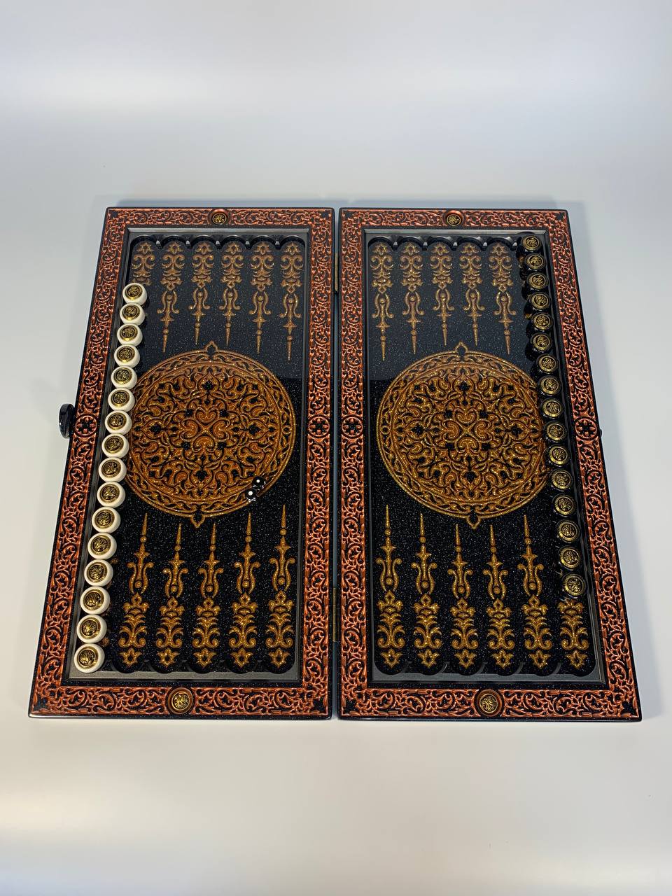 Luxury black acrylic stone backgammon, carved "Carved Gold Lion" on top, Gift-ready