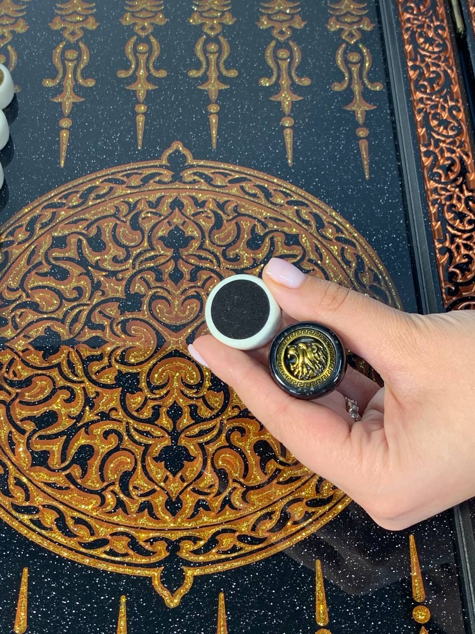 Luxury black acrylic stone backgammon, carved "Carved Gold Lion" on top, Gift-ready