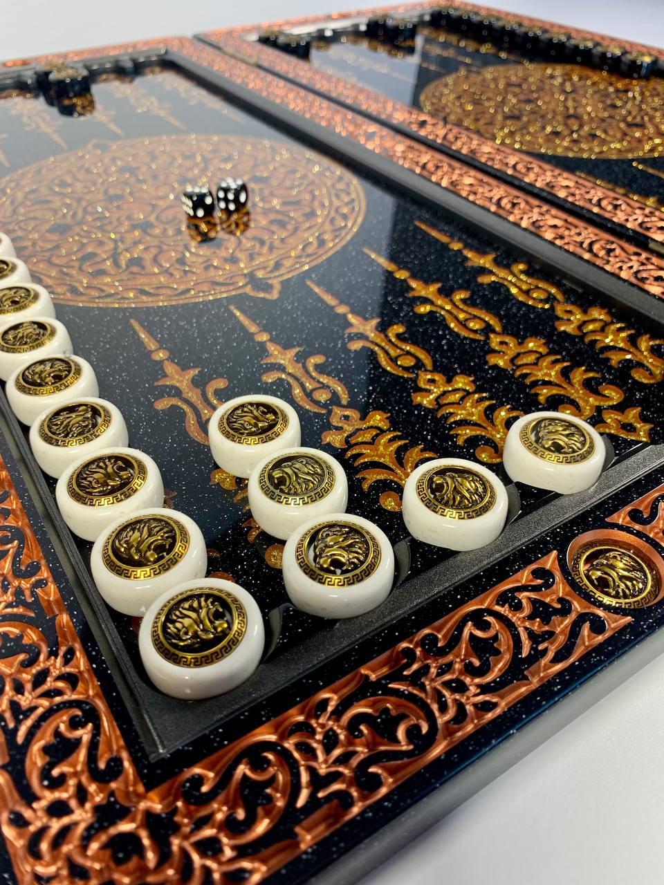 Luxury black acrylic stone backgammon, carved "Carved Gold Lion" on top, Gift-ready