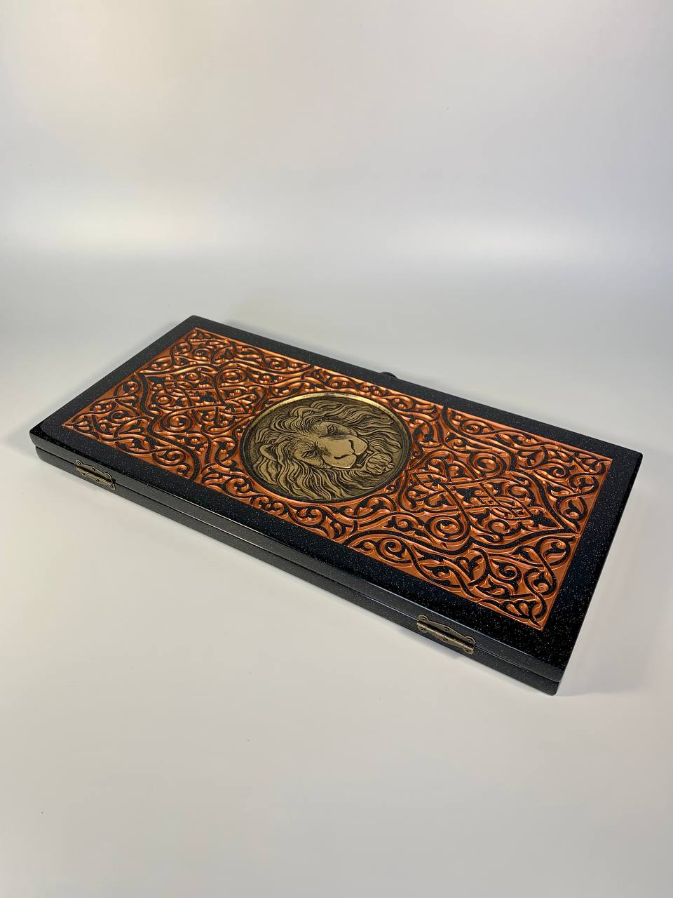 Luxury black acrylic stone backgammon, carved "Carved Gold Lion" on top, Gift-ready