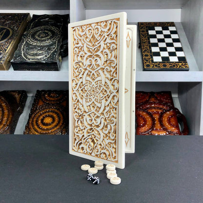 Luxuriöses handgefertigtes Backgammon-Set aus weißem Acrylstein, 37×19 cm, Art. 190652, Geschenkfertig