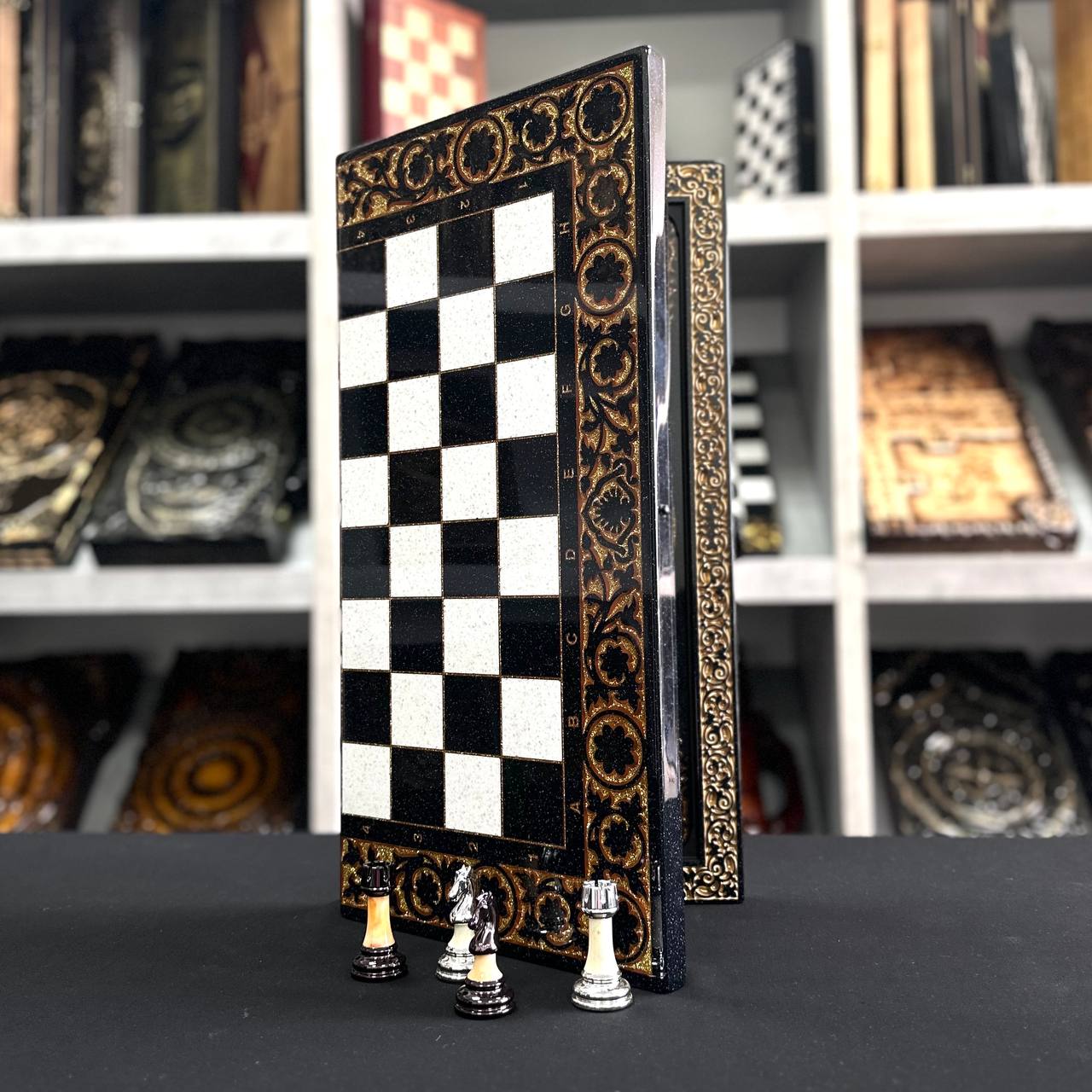 Deluxe Acrylic Stone Chess & Backgammon Set – Gold Carved Design (58×28 cm) | Free Global Delivery | Gift-ready