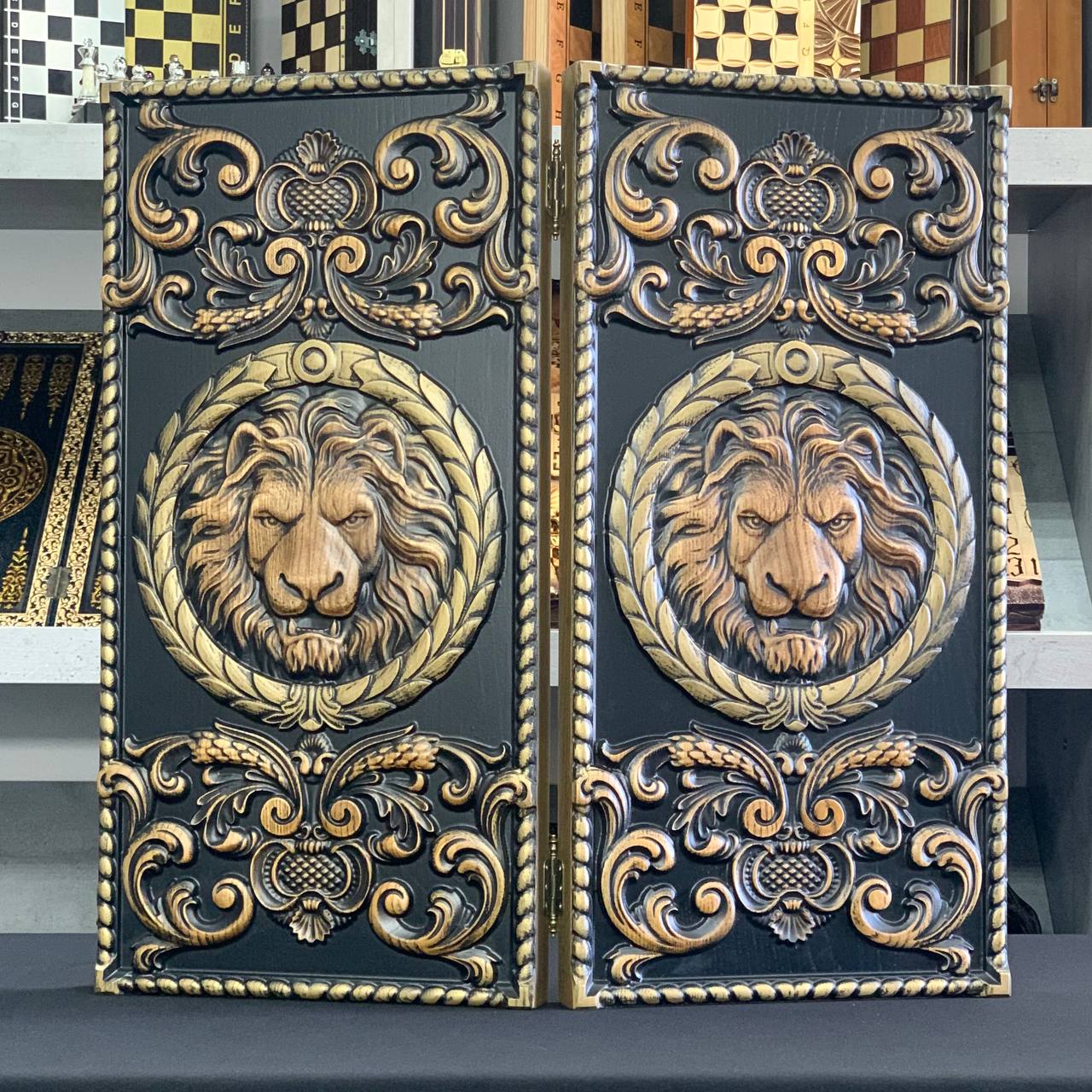 Wooden Backgammon "Lion" Set - Luxury Ash Wood, Carved Design, Gift-Ready