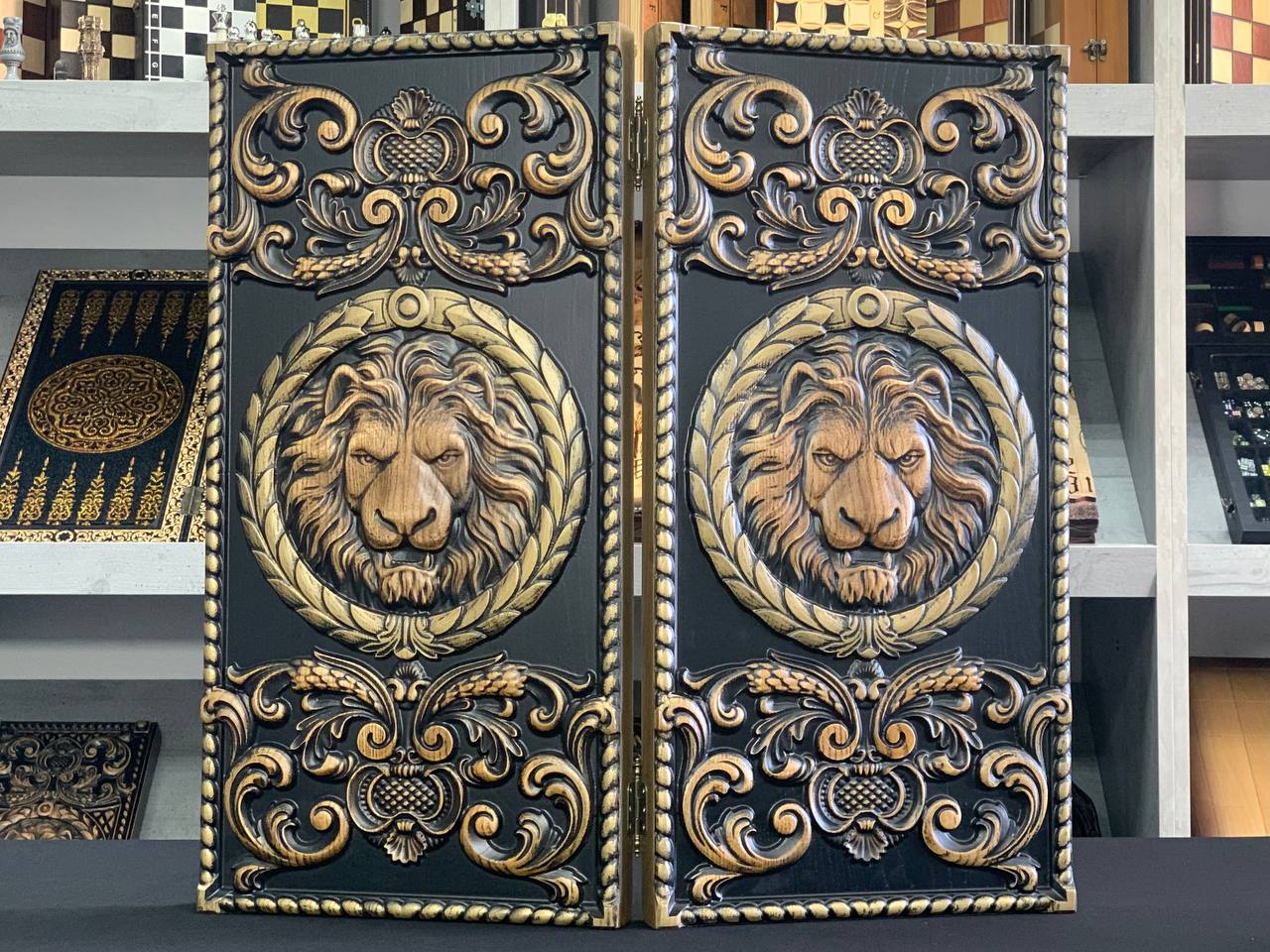 Wooden Backgammon "Lion" Set - Luxury Ash Wood, Carved Design, Gift-Ready