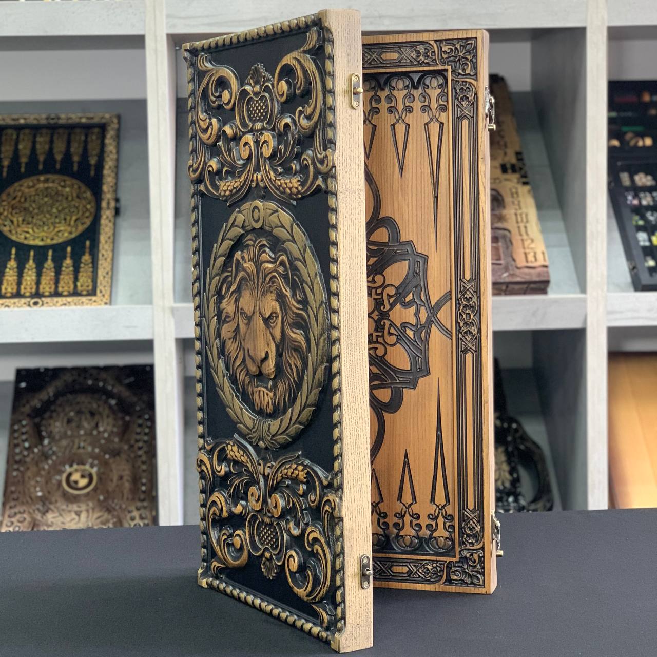 Wooden Backgammon "Lion" Set - Luxury Ash Wood, Carved Design, Gift-Ready