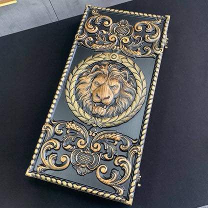Wooden Backgammon "Lion" Set - Luxury Ash Wood, Carved Design, Gift-Ready