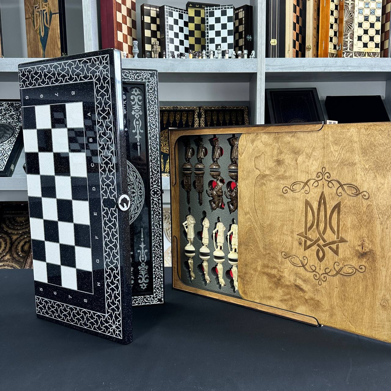 Luxury White&Black Acrylic stone Chess set 3-in-1 Game board. Wooden chess figures. Gift-ready.