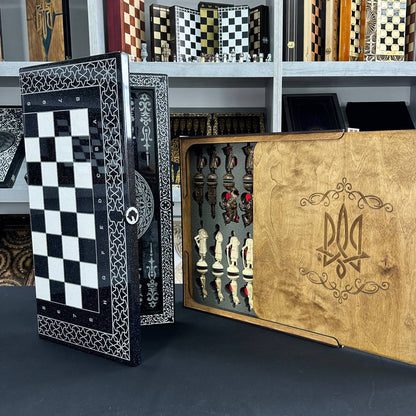 Luxury White&Black Acrylic stone Chess set 3-in-1 Game board. Wooden chess figures. Gift-ready.