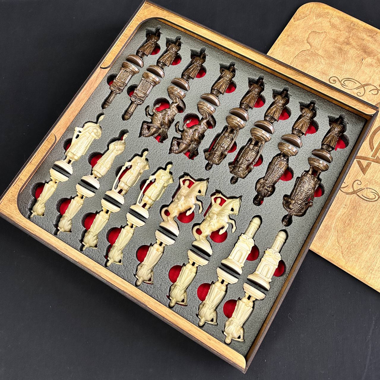 Luxury White&Black Acrylic stone Chess set 3-in-1 Game board. Wooden chess figures. Gift-ready.