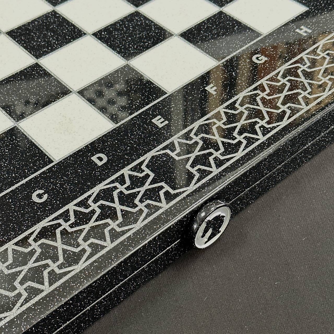 Luxury White&Black Acrylic stone Chess set 3-in-1 Game board. Wooden chess figures. Gift-ready.