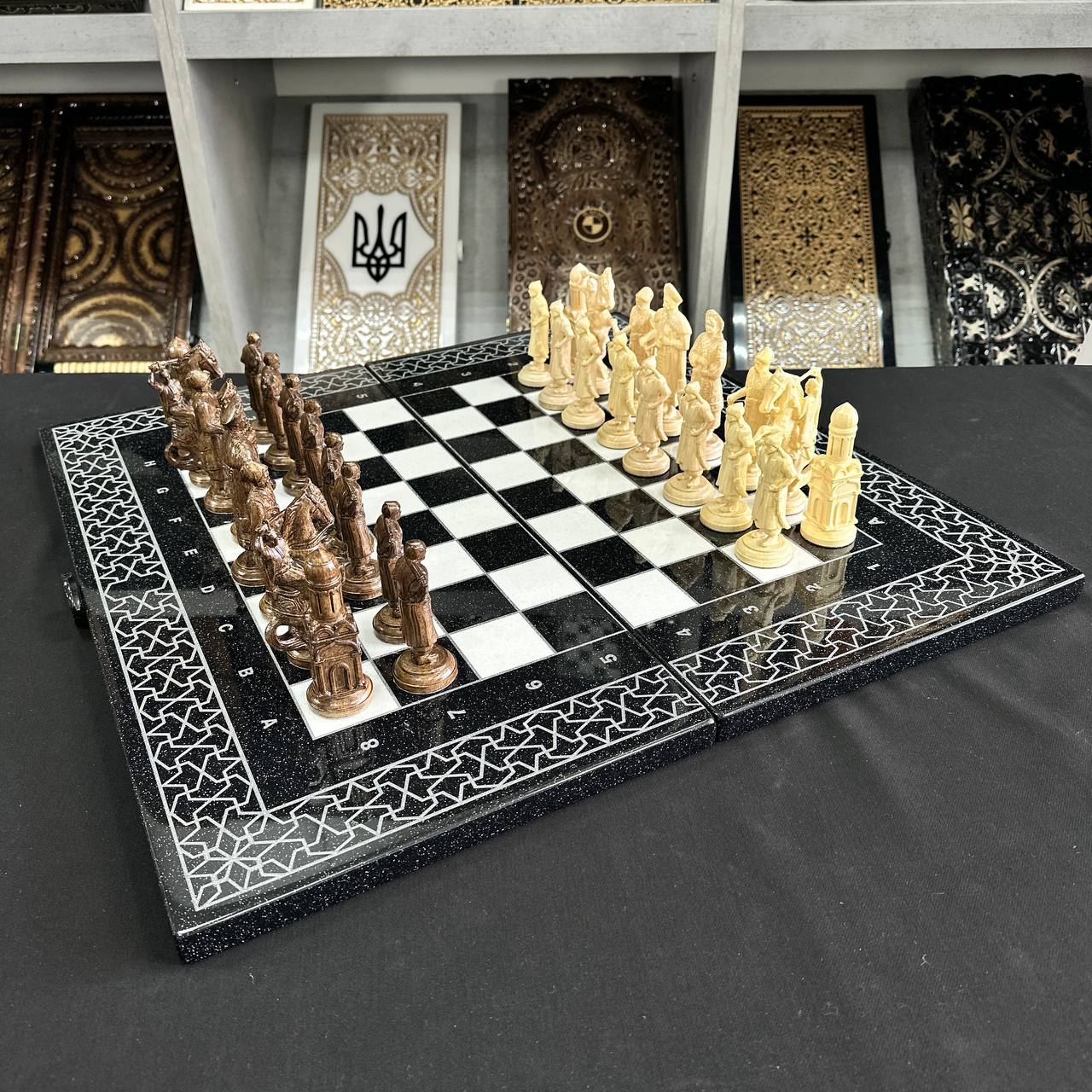 Luxury White&Black Acrylic stone Chess set 3-in-1 Game board. Wooden chess figures. Gift-ready.