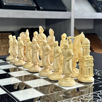 Luxury White&Black Acrylic stone Chess set 3-in-1 Game board. Wooden chess figures. Gift-ready.