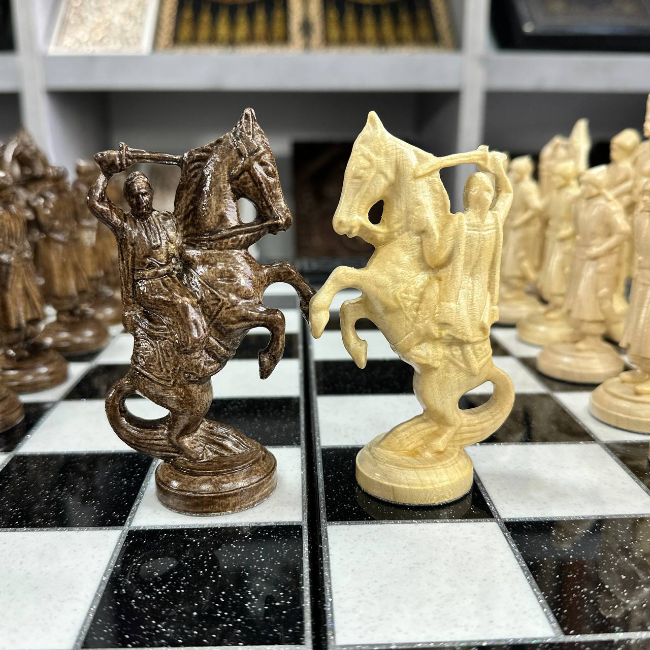 Luxury White&Black Acrylic stone Chess set 3-in-1 Game board. Wooden chess figures. Gift-ready.