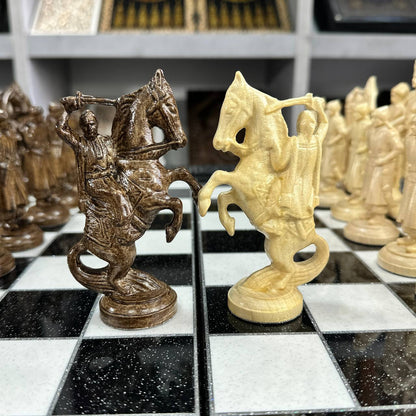 Luxury White&Black Acrylic stone Chess set 3-in-1 Game board. Wooden chess figures. Gift-ready.